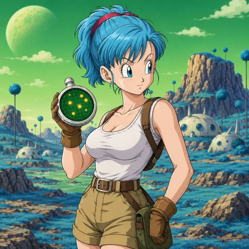 Bulma holding a radar gadget on an alien planet with green sky, rocky terrain, and dome buildings