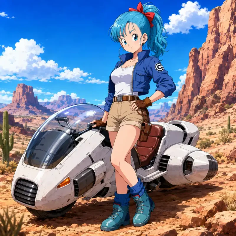 Bulma standing beside a futuristic vehicle in a desert canyon with blue sky and adventure outfit