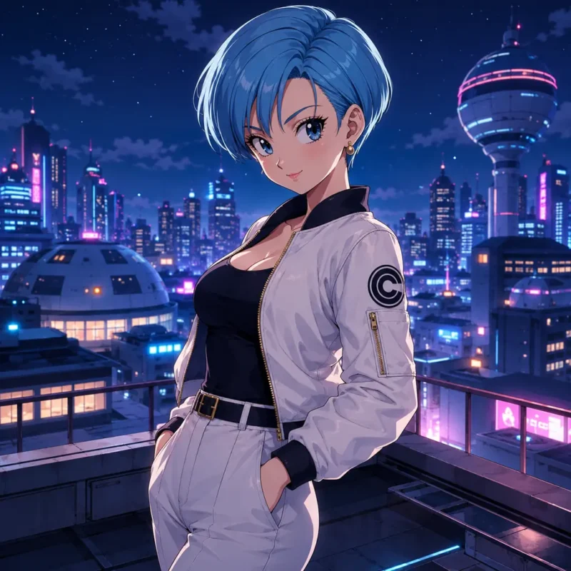 Bulma standing on a rooftop with a glowing futuristic city skyline at night