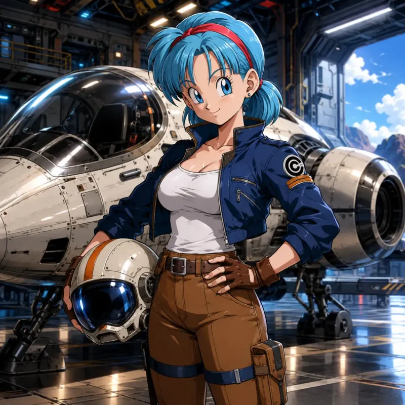 Bulma standing in a futuristic aircraft hangar holding a pilot helmet beside a white spaceship
