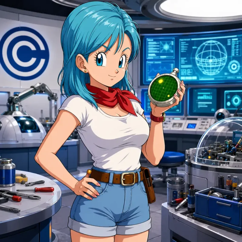 Bulma standing in a futuristic lab holding a radar gadget with machines and digital screens in the background