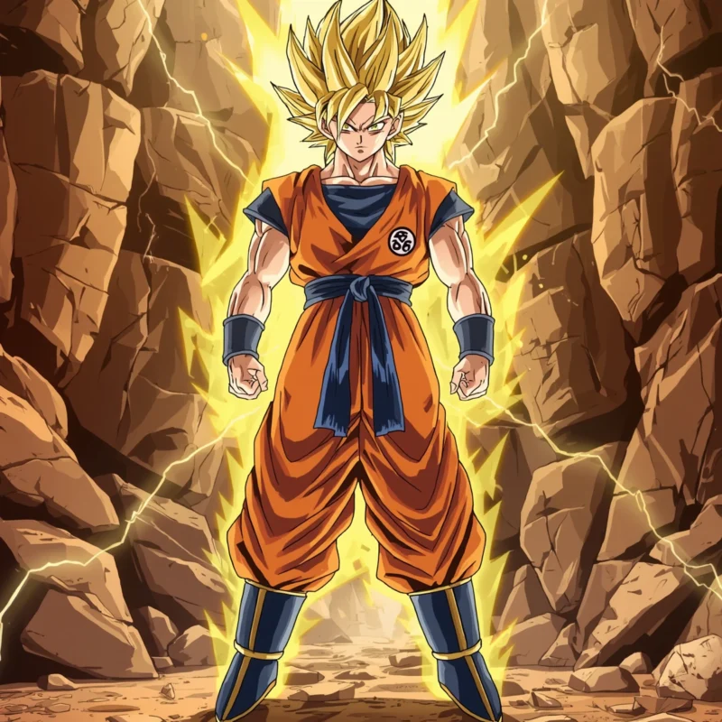 Goku in Super Saiyan form standing in a rocky canyon with golden aura and yellow lightning