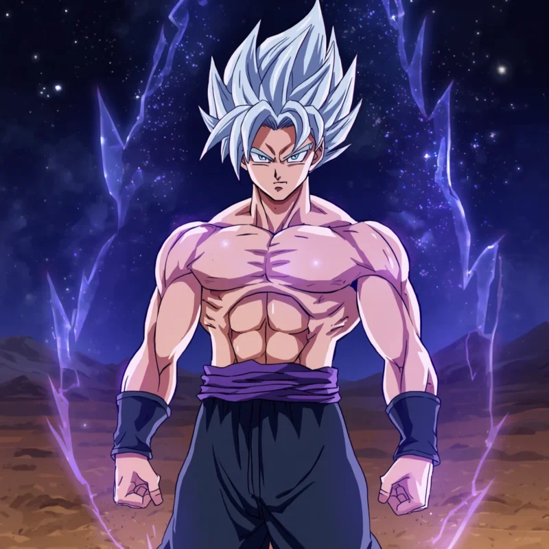 Goku in Ultra Instinct form with silver hair and glowing purple aura under a starry sky