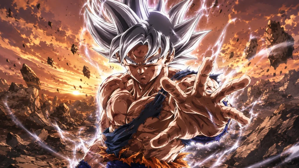 Goku from Dragon Ball Super in Ultra Instinct form reaching forward in a fiery rocky wasteland with white energy and cinematic battle lighting