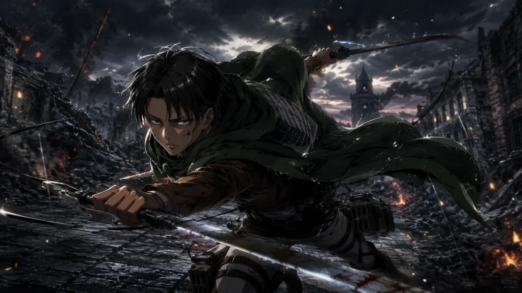 Levi Ackerman from Attack on Titan flying through stormy ruined streets with blades, ODM gear, green cloak, and dark cinematic battlefield lighting