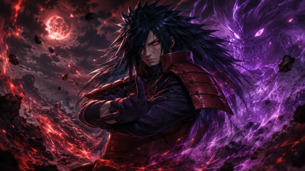 Madara Uchiha from Naruto Shippuden standing in a crimson cosmic battlefield with Susanoo energy, red moon, and dark anime lightning