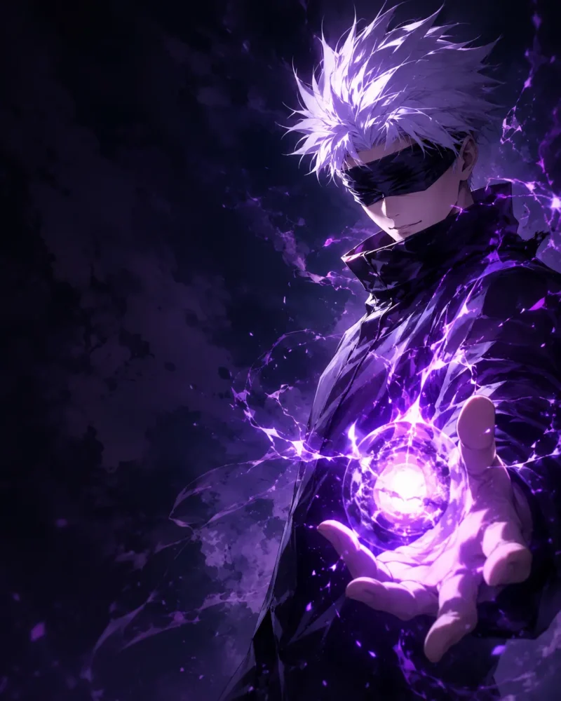 Gojo-inspired anime sorcerer surrounded by glowing purple energy in a dark cinematic storm background