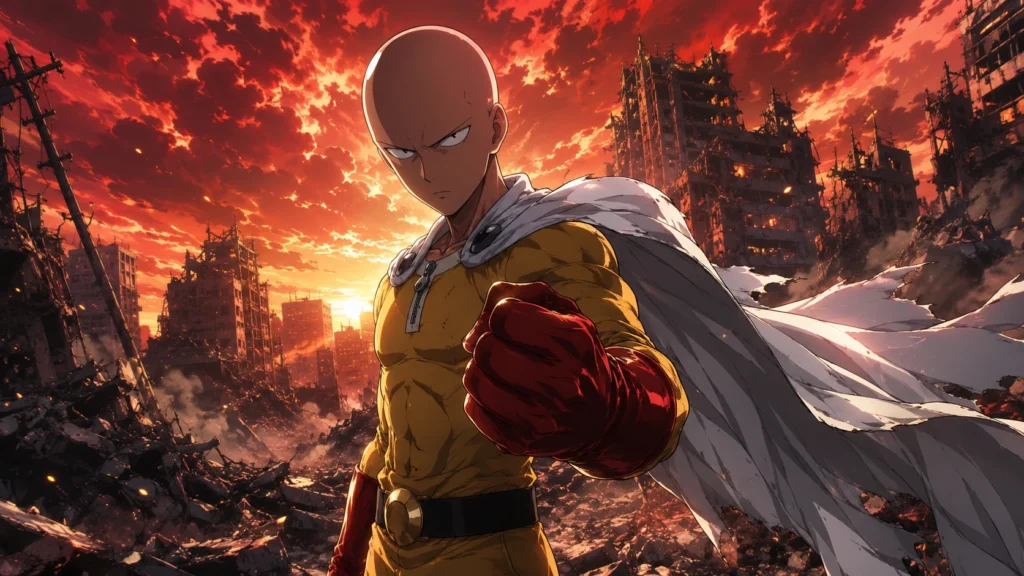 Saitama from One Punch Man standing in a destroyed city at sunset with a serious pose, red glove, white cape, and dramatic orange sky
