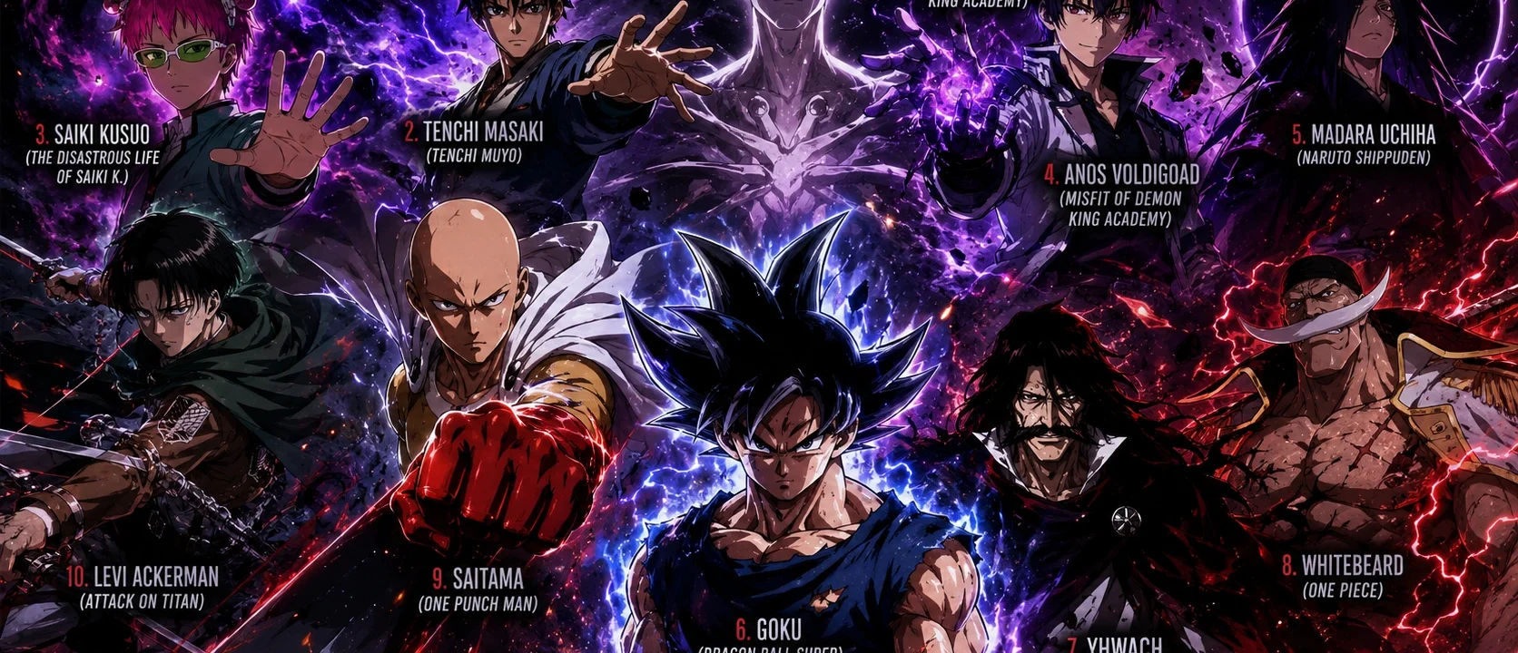 Top 10 strongest anime characters collage featuring Goku, Saitama, Levi Ackerman, Whitebeard, Madara Uchiha, Yhwach, Saiki Kusuo, Tenchi Masaki, Anos Voldigoad, and The Truth in a dark cosmic battle background