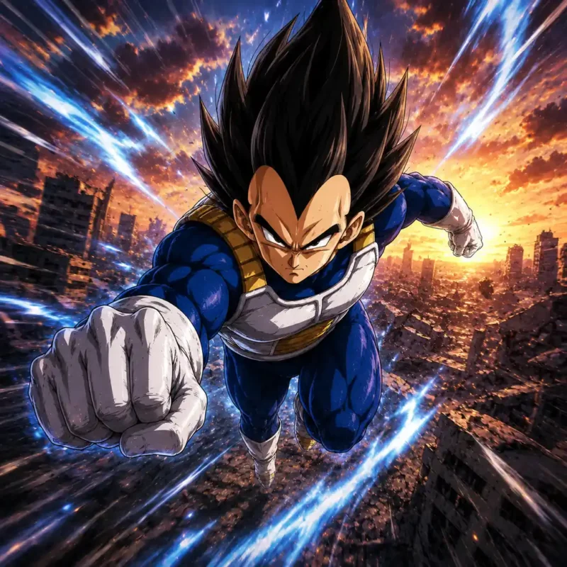 Vegeta flying forward with a powerful punch over a destroyed city battlefield at sunset