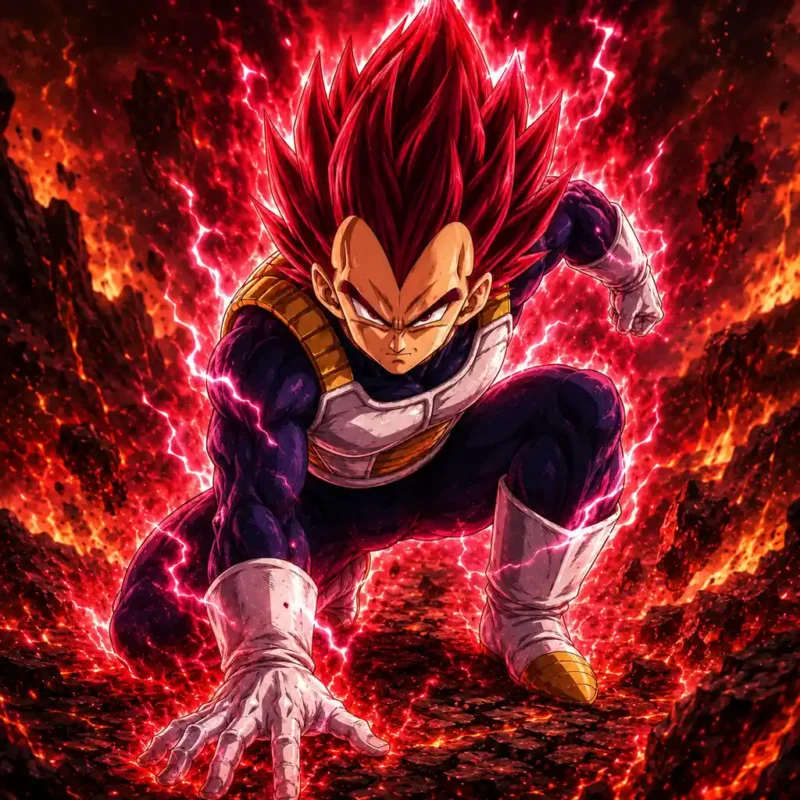 Vegeta in red aura form crouching on a volcanic battlefield with red lightning and lava behind him