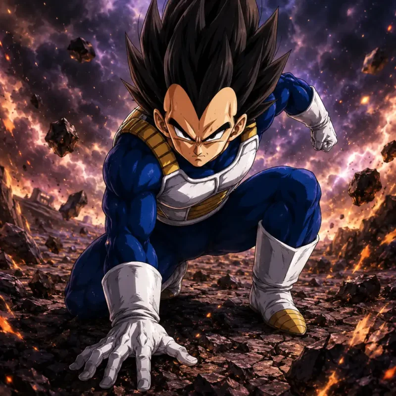 Vegeta crouching on a shattered battlefield with floating rocks, fire sparks, and an intense battle-ready pose