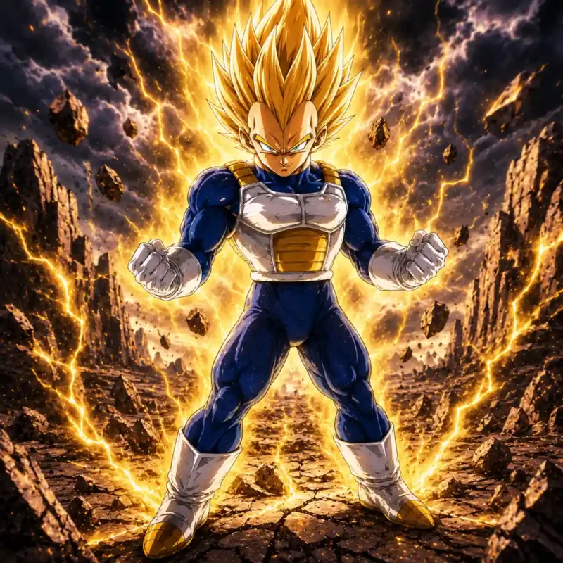 Vegeta in Super Saiyan form powering up with golden hair, lightning, and a glowing battle aura