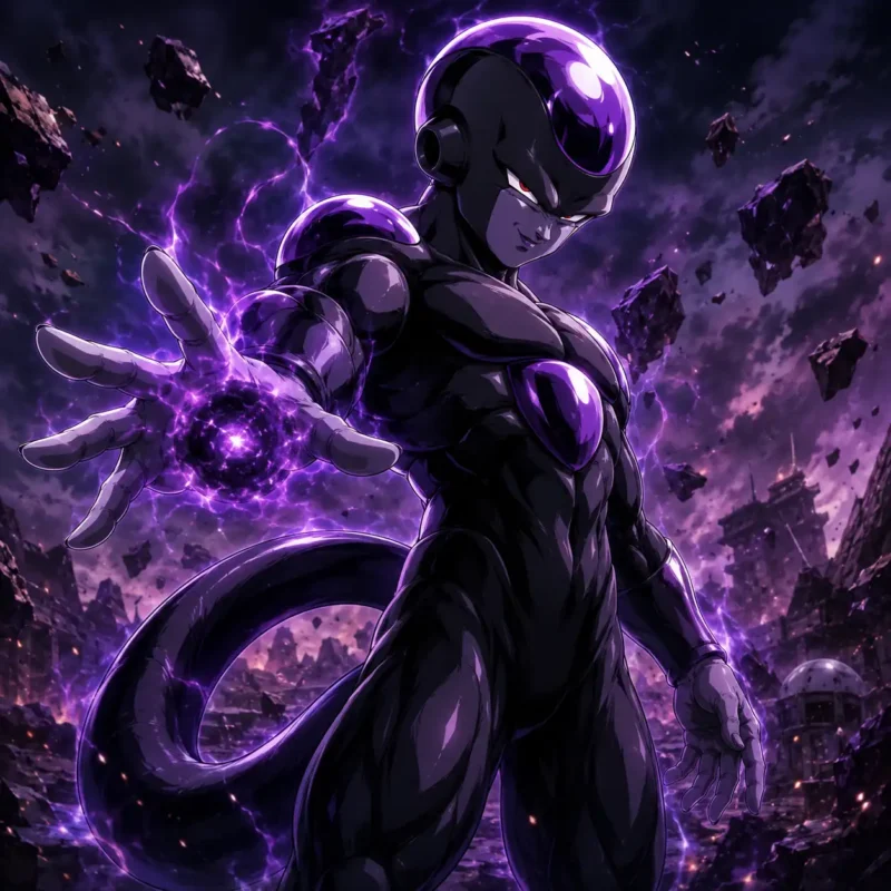 Frieza Black Form standing in a shattered battlefield with purple energy aura, floating rocks and dark anime battle lighting