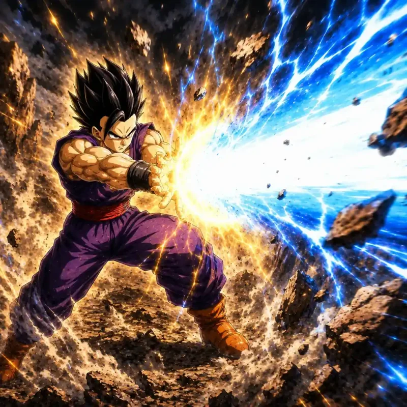 Gohan firing a powerful blue energy blast across a rocky battlefield with flying debris