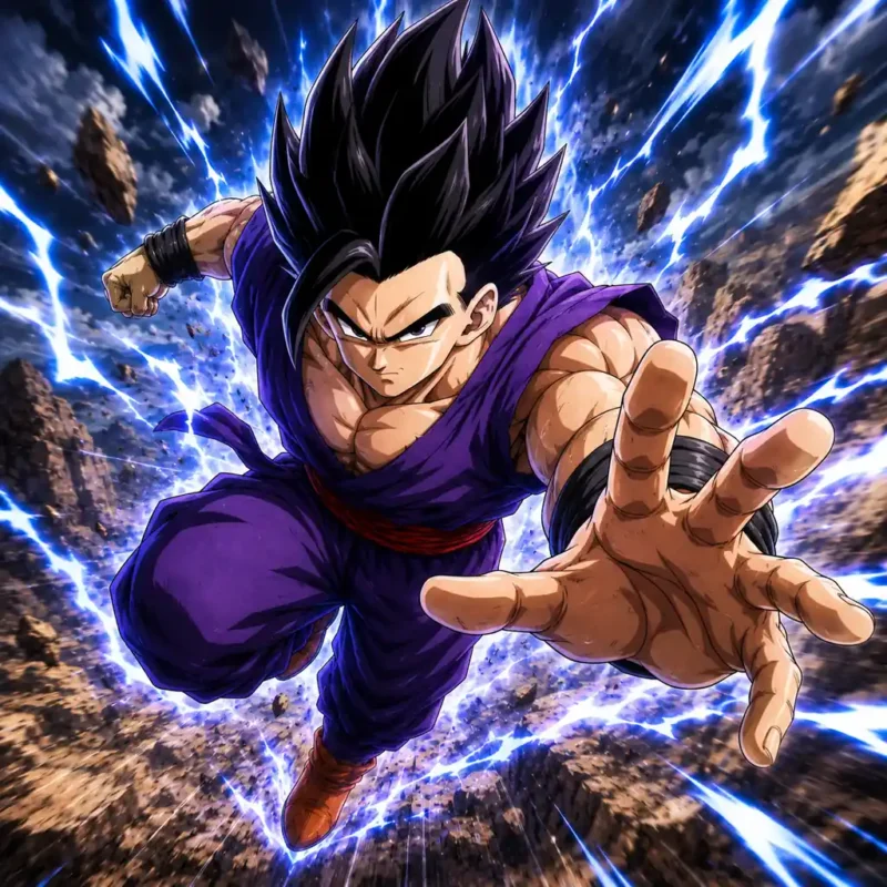 Gohan flying forward with blue lightning energy, intense expression, and a fast action battle pose