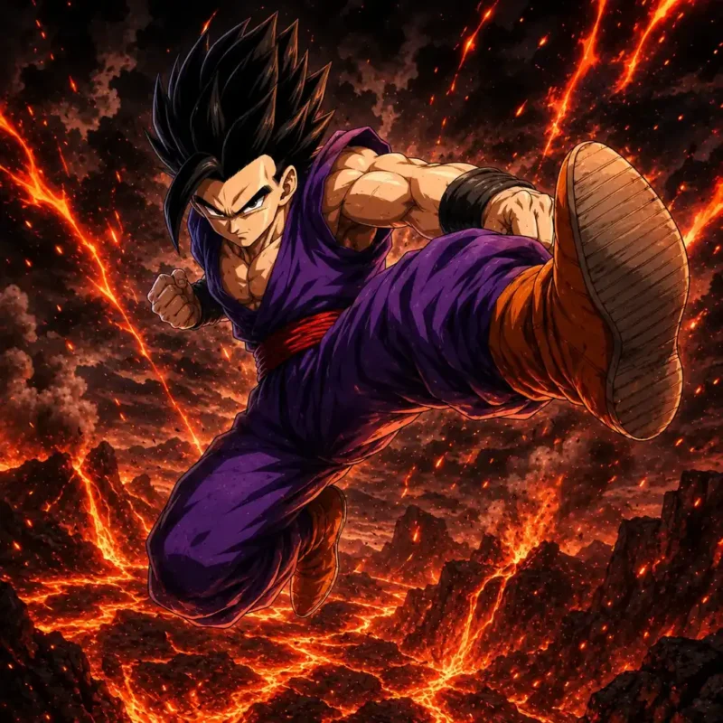 Gohan performing a flying kick over a volcanic battlefield with lava, smoke, and red lightning