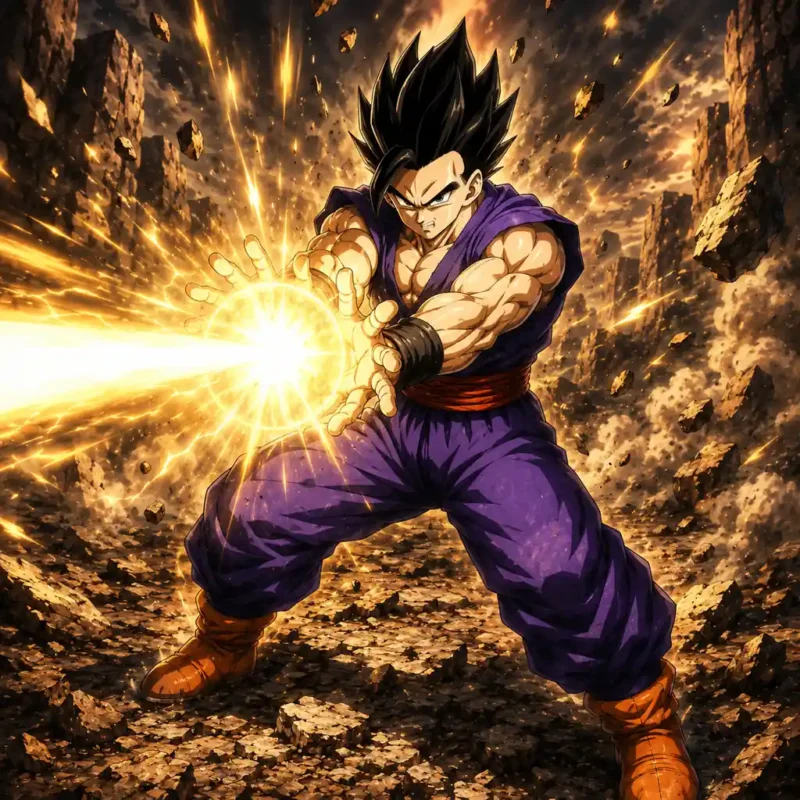 Gohan firing a powerful golden energy blast across a rocky battlefield with flying debris and dramatic lighting