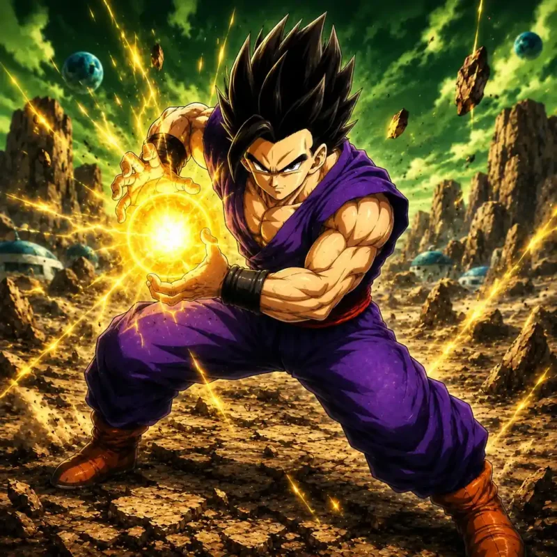 Gohan charging a golden energy sphere on an alien battlefield with floating rocks and green sky