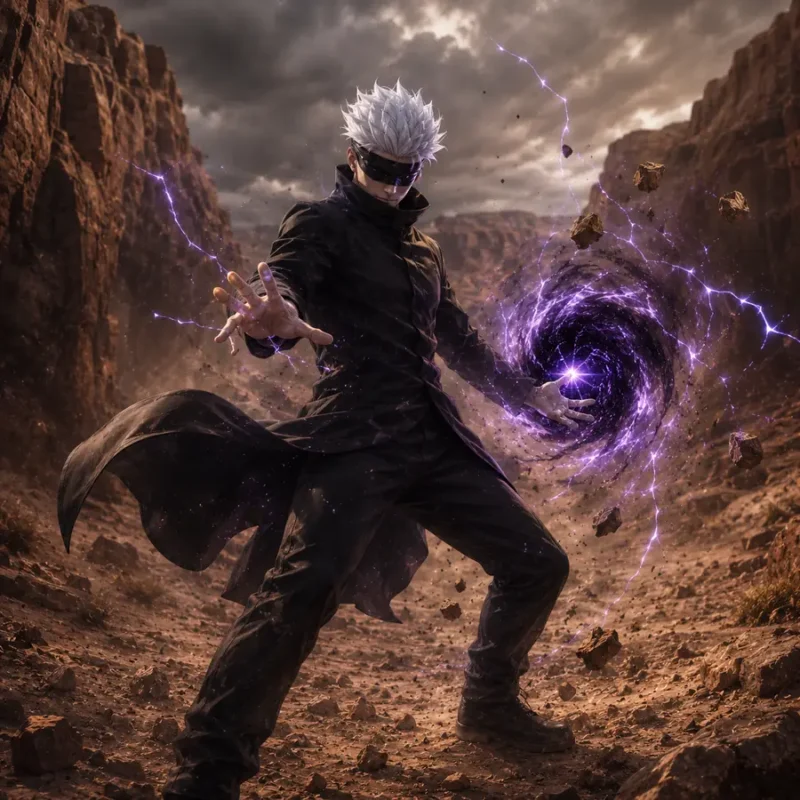 Gojo style white haired sorcerer creating a dark purple energy vortex in a desert canyon with floating rocks and storm clouds