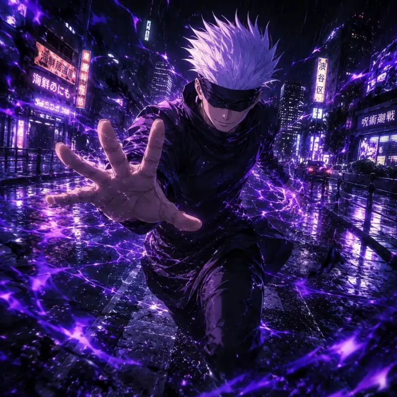 Gojo style white haired anime sorcerer charging through a rainy neon city street with purple energy trails around him
