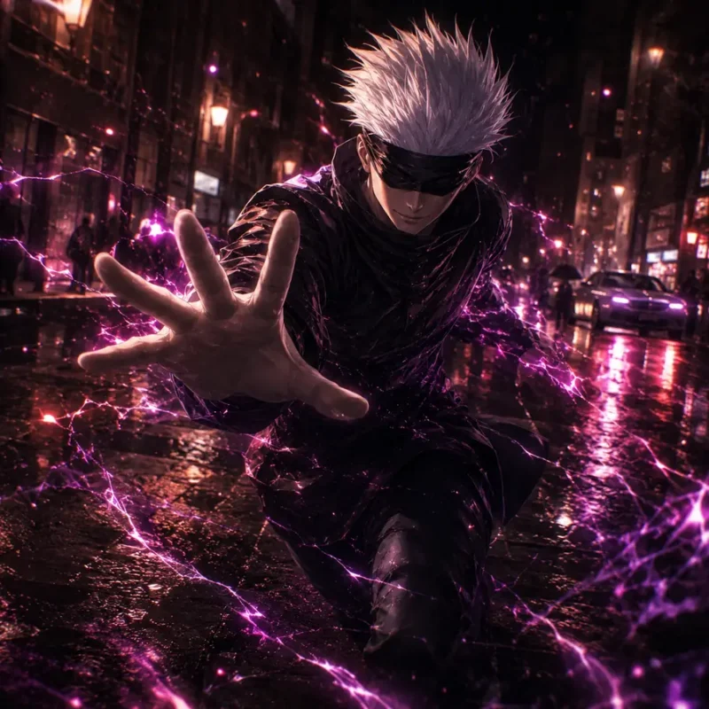 Gojo Purple Lightning in Rainy City Alt text: Gojo style anime sorcerer reaching forward with purple lightning energy on a rainy neon city street at night