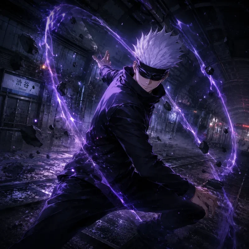 Gojo Purple Energy in Shibuya Subway Alt text: Gojo style white haired anime sorcerer in a dark subway station surrounded by purple cursed energy and floating debris