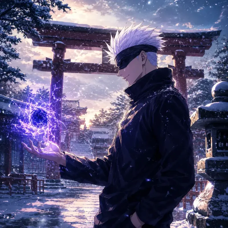 Gojo style white haired sorcerer standing at a snowy Japanese shrine while holding a glowing purple cursed energy orb
