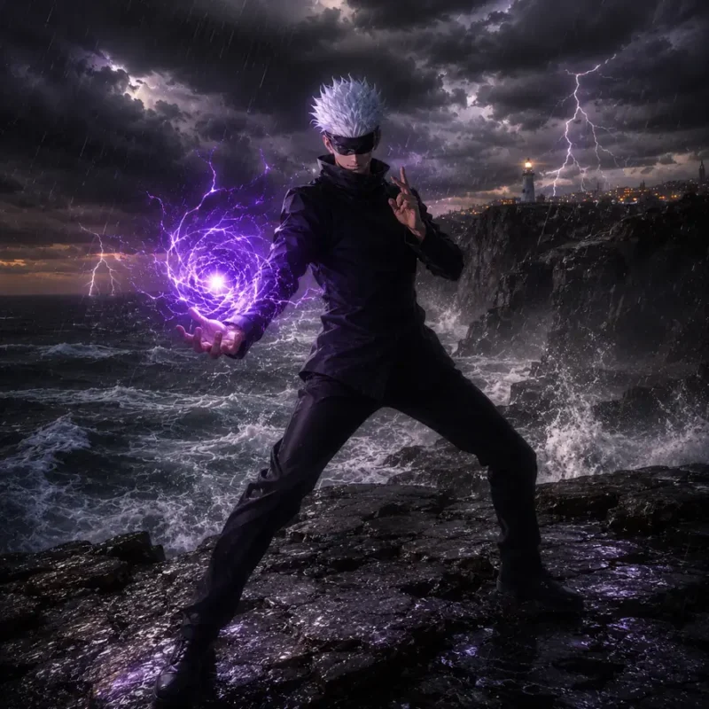 Gojo Purple Orb on Stormy Coast Alt text: Gojo style white haired sorcerer holding a purple energy orb on a stormy coastline with lightning, rain and ocean waves