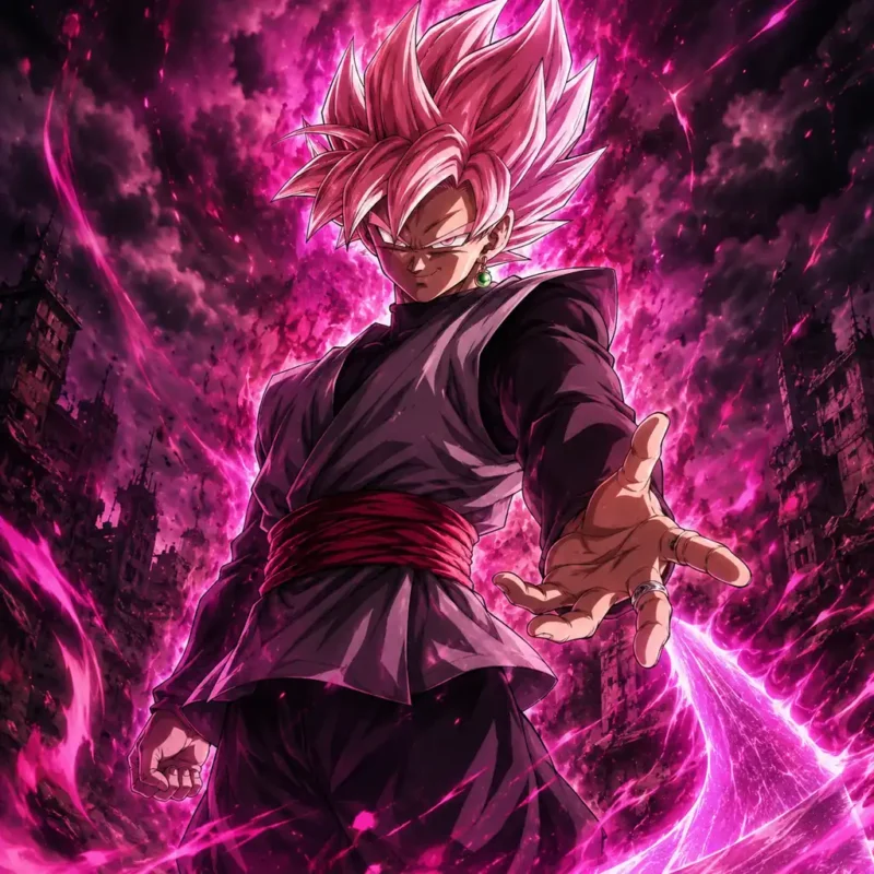 Ultra Instinct Goku with silver hair surrounded by blue energy aura in a rocky battlefield with floating debris and intense anime action lighting