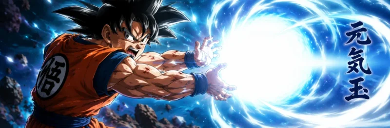 Goku releasing a massive glowing Spirit Bomb energy attack in a cosmic battle background