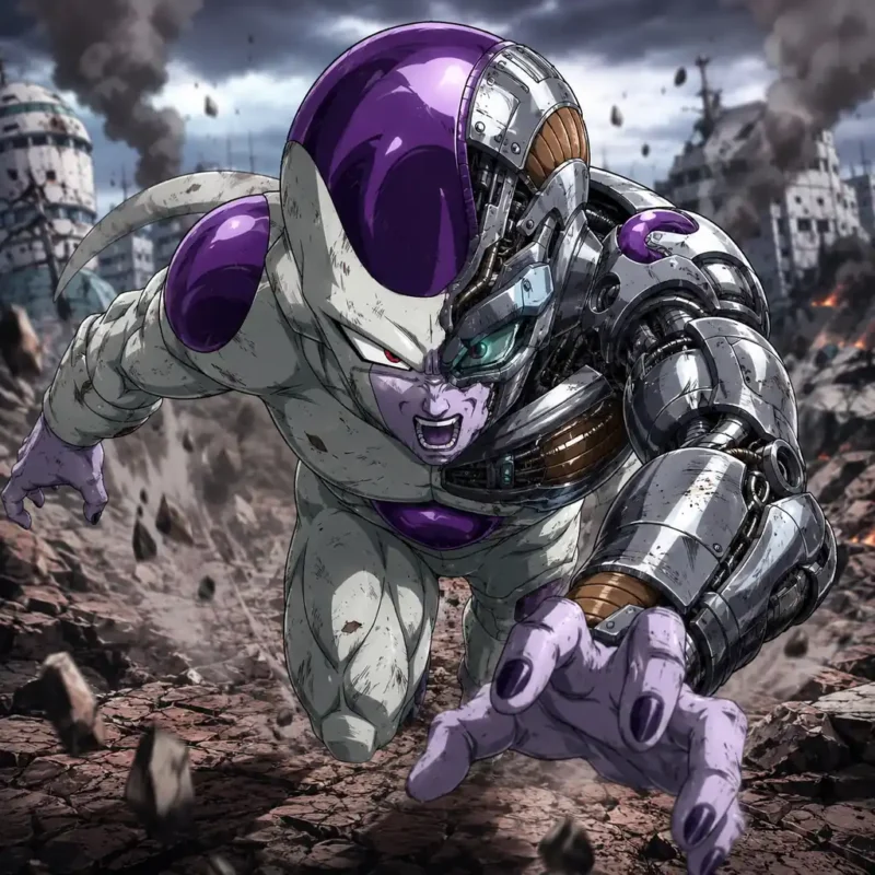 Mecha Frieza charging through a ruined battlefield with cybernetic armor, smoke, and flying rocks
