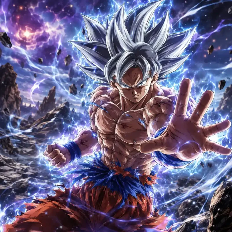 Goku Black Rose with pink hair and dark outfit standing in a ruined city surrounded by rose pink energy aura and dramatic anime battle effects